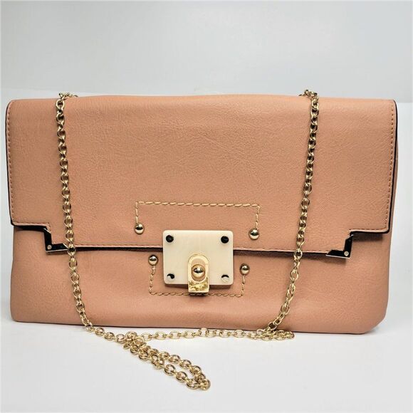 PEACH Colored Satchel Crossbody Handbag with Gold tone Chain Strap- NEW! - Picture 5 of 7